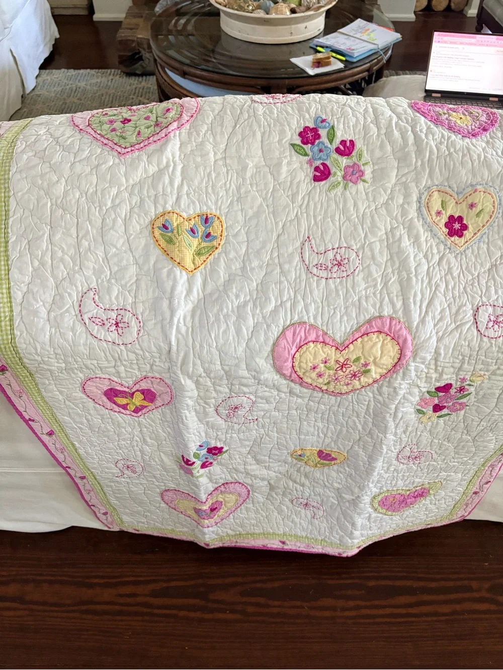 Vintage POTTERY BARN KIDS Crib Toddler Quilt Blanket Pink Green Gingham Hearts